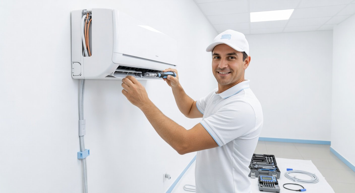 Técnico con uniforme blanco instalando aire acondicionado